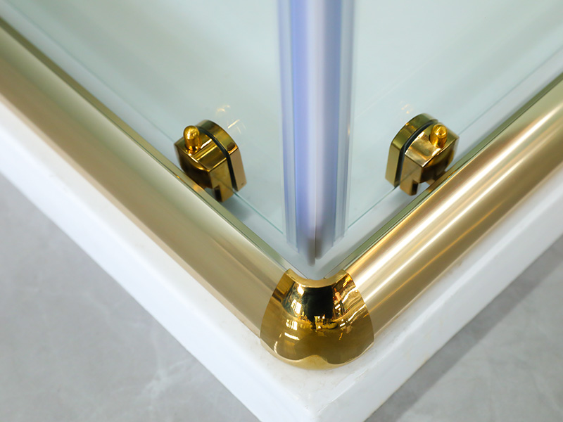 SQUARE skjutduschkabinett, klart härdat glas med tryck, guldaluminiumprofil, handtag med dubbla hål, med bricka SQUARE skjutduschkabinett, klart härdat glas med tryck, guldaluminiumprofil, handtag med dubbla hål, med bricka