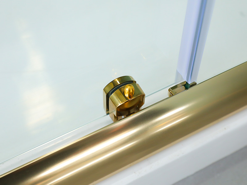 SQUARE skjutduschkabinett, klart härdat glas med tryck, guldaluminiumprofil, handtag med dubbla hål, med bricka SQUARE skjutduschkabinett, klart härdat glas med tryck, guldaluminiumprofil, handtag med dubbla hål, med bricka