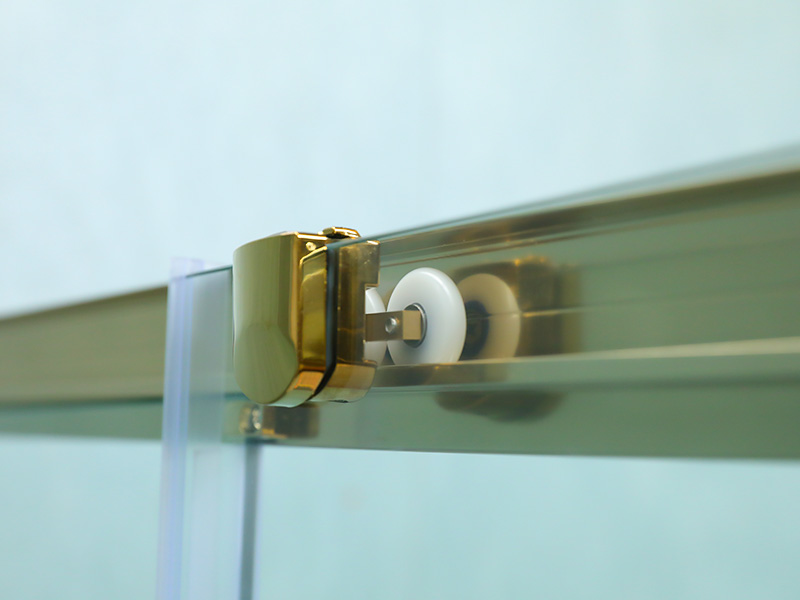 SQUARE skjutduschkabinett, klart härdat glas med tryck, guldaluminiumprofil, handtag med dubbla hål, med bricka SQUARE skjutduschkabinett, klart härdat glas med tryck, guldaluminiumprofil, handtag med dubbla hål, med bricka