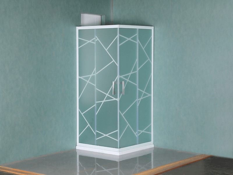 SQ skjutduschkabinett, matt härdat glas med tryck, vit aluminiumprofil, handtag med dubbla hål, med bricka
