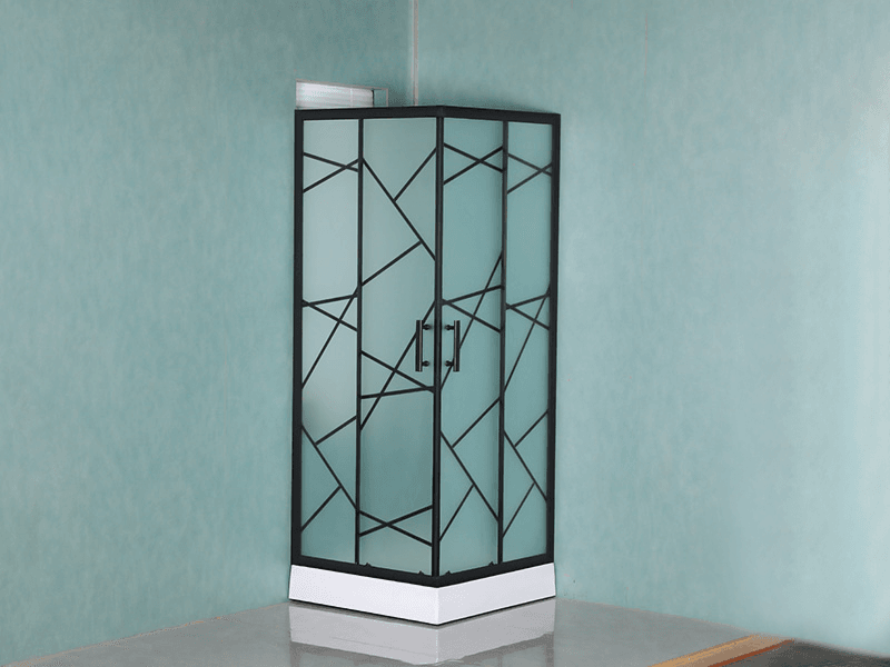 SQ skjutduschkabinett, matt härdat glas med tryck, svart aluminiumprofil, handtag med dubbla hål, med bricka